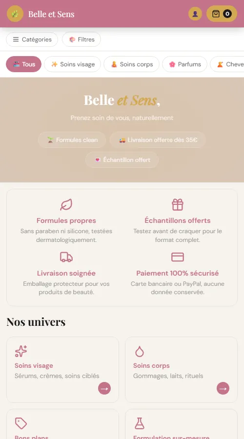 Page d'accueil mobile de la boutique de démonstration Belle et Sens