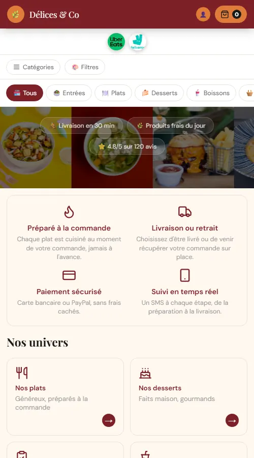 Page d'accueil mobile de la boutique de démonstration Délices et Co