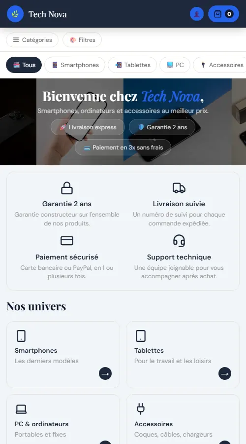 Page d'accueil mobile de la boutique de démonstration Tech Nova
