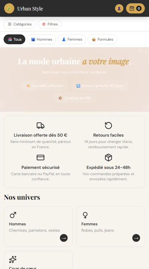 Page d'accueil mobile de la boutique de démonstration Urban Style